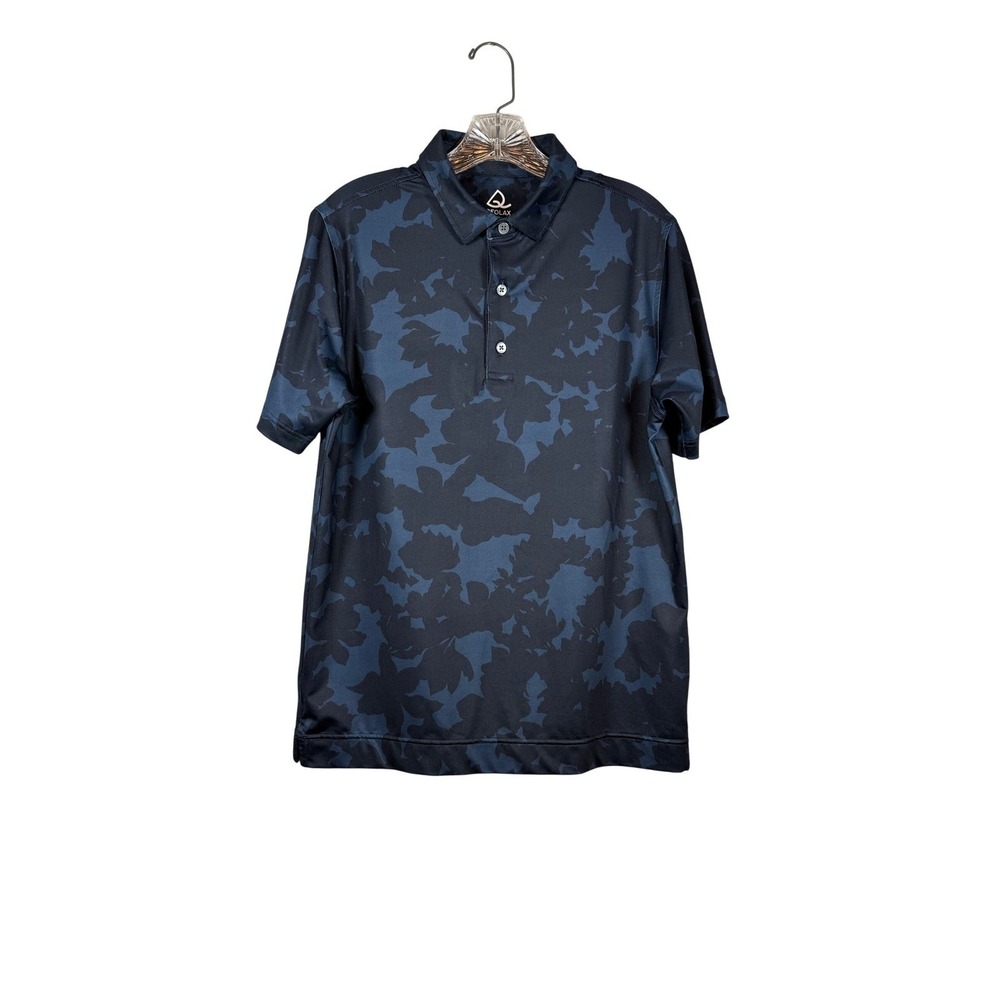 DEOLAX Performance Golf Polo, Floral/Camo Sketch Print, Navy/Blue, Size Small